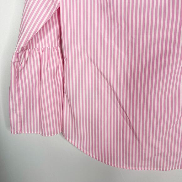 J Crew Womens Size 2 Pink White Bell 3/4 Sleeve Blouse Top Split V Neck Cotton - Picture 8 of 12